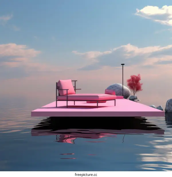 Surreal Pink Seascape with Floating Platform and Lounge Chair