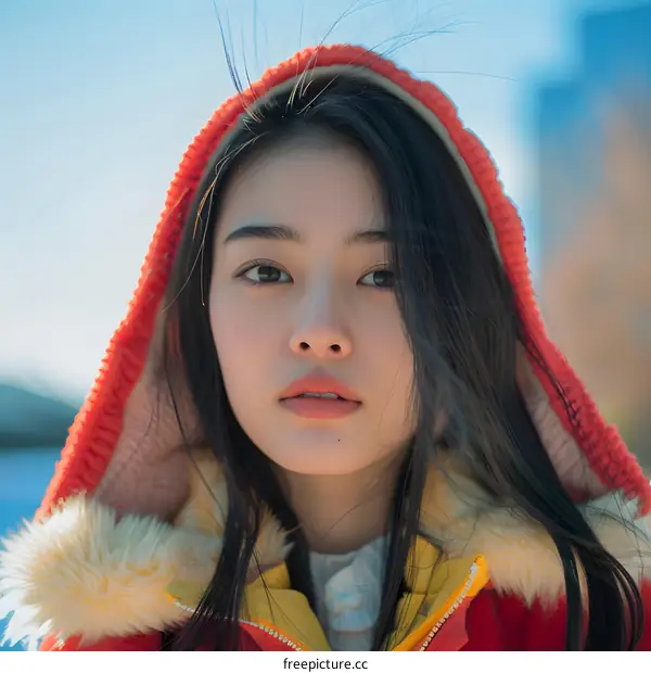 Portrait of a Young Asian Woman Wearing a Red Hoodie