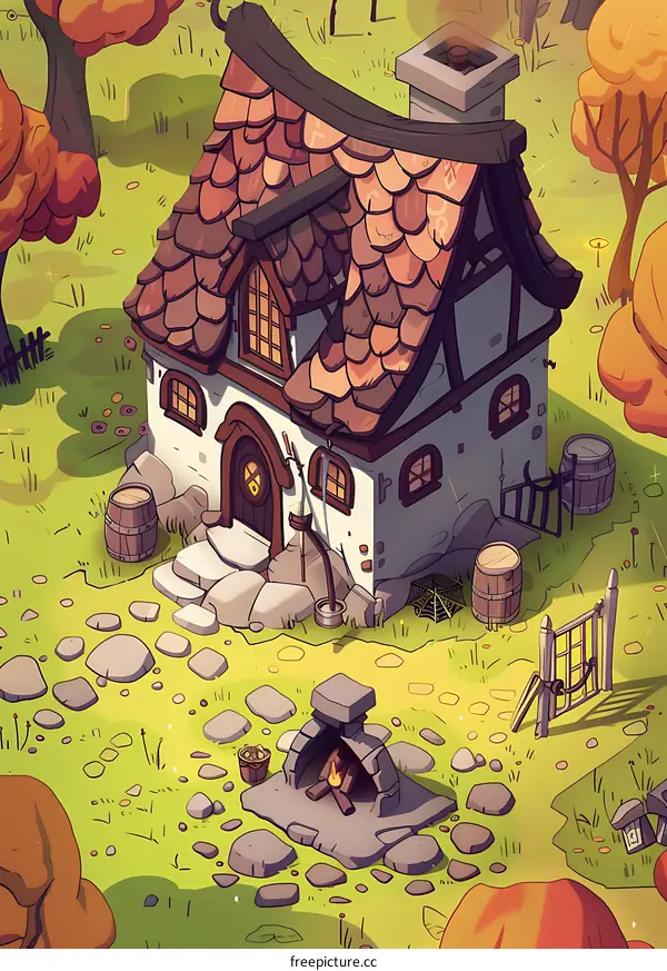 Cute Cartoon Cottage Illustration with Fire and Trees