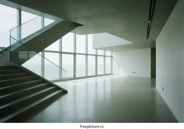 Modern Interior Space with Glass Staircase and Large Windows