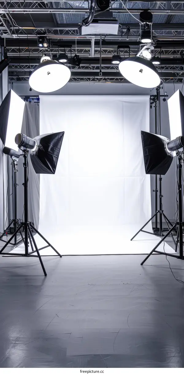 Professional Photography Studio with White Backdrop and Lighting Equipment