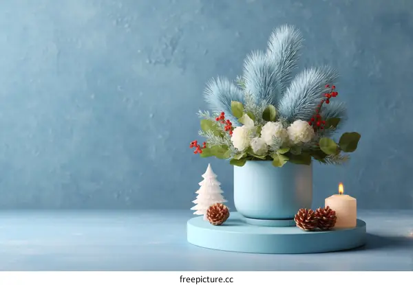 Christmas Decorative Arrangement on Light Blue Background