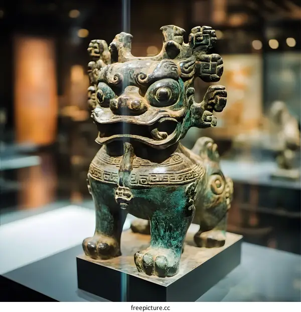 Ancient Chinese Bronze Statue of a Mythical Beast