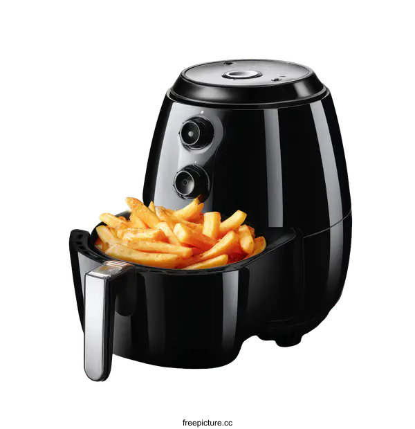 [Transparent Background PNG]Black Air Fryer with Crispy French Fries