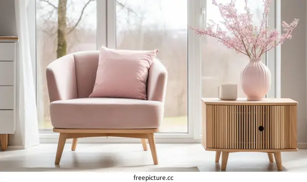 Pink Armchair and Wooden Cabinet in a Minimalist Living Room