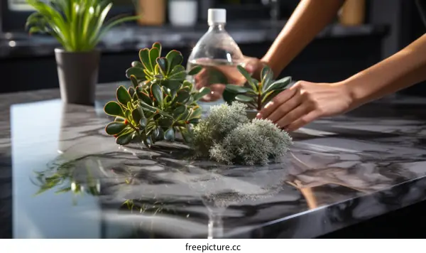 A woman is taking care of her indoor plants