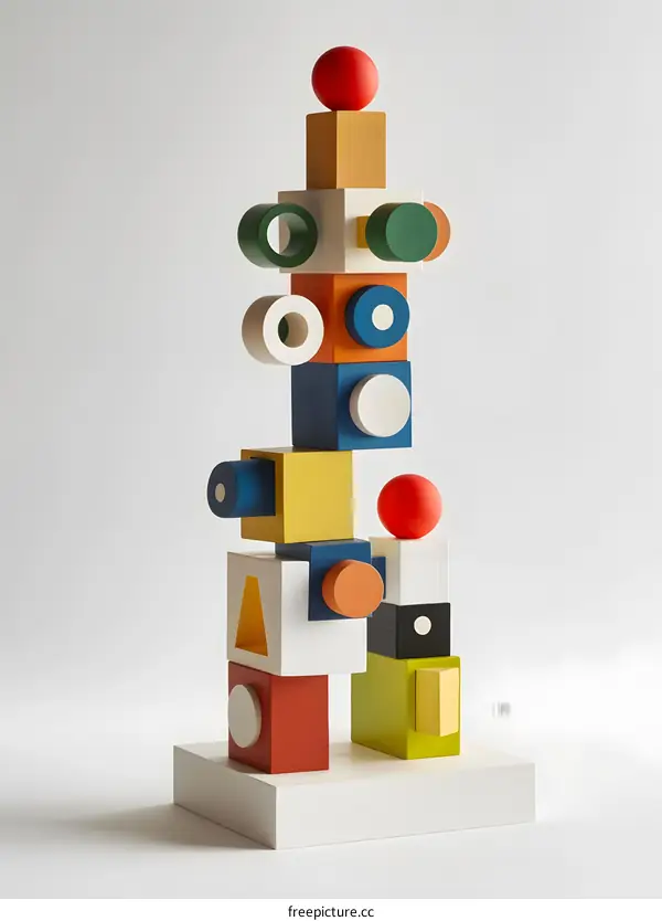 Abstract Wooden Sculpture with Geometric Shapes