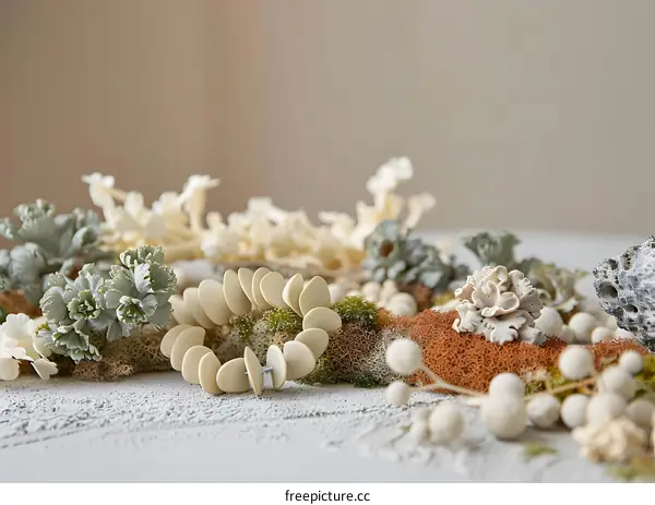 White and Green Clay Beads on a Bed of Moss and Dried Flowers