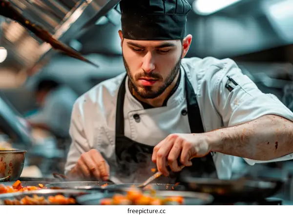 Focused male chef cooking in a commercial kitchen