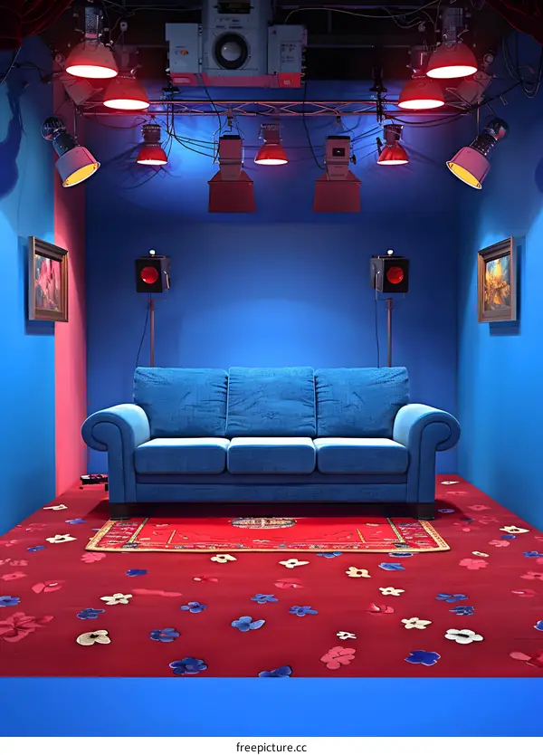 Blue Room with a Red Carpet and a Sofa