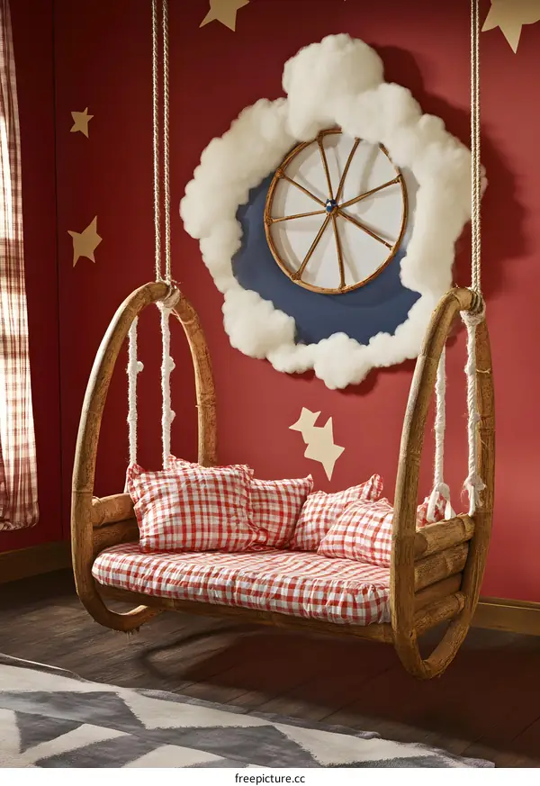 Wooden Swing Bed With Red And White Gingham Pillows In A Room With Red Walls And Stars