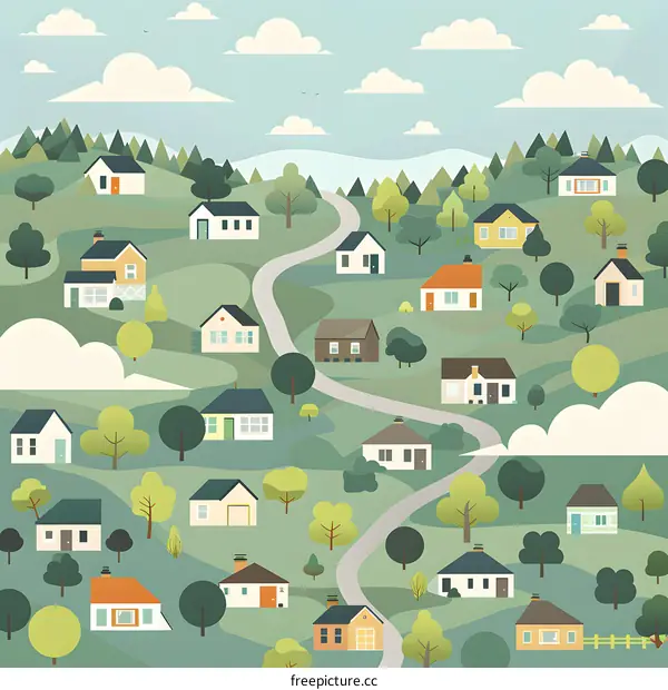 Illustrated Landscape of a Small Town with Houses and Winding Road
