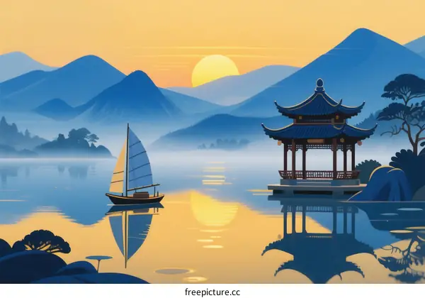 Scenic Chinese Landscape with Pavilion and Sailboat at Sunset