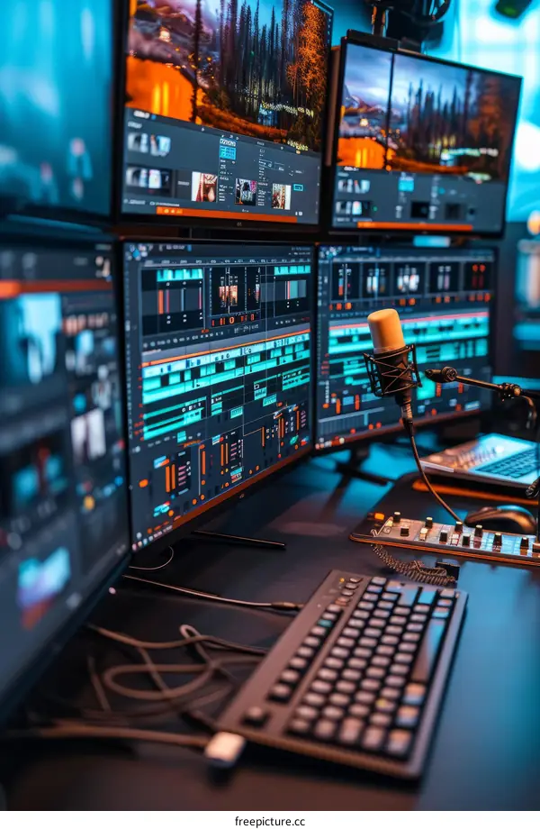 Video editor working on multiple monitors in a dark room