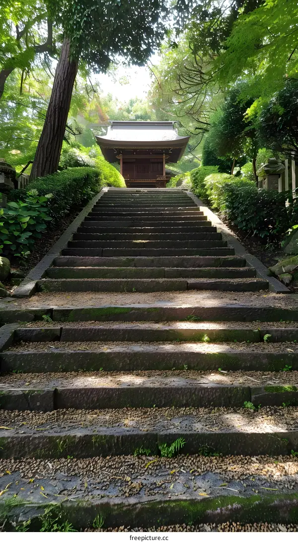 Stone steps leading up to a Shinto shrine in a forest