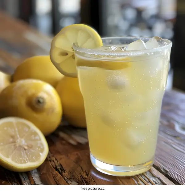 Glass of Lemonade with Ice and Lemon Slice