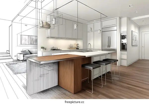 Modern Kitchen Design Visualization with Architectural Sketch