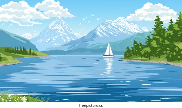 Mountain Lake Scene with Sailboat