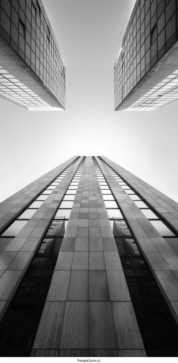 Black and white photo of two skyscrapers with glass windows reflecting each other