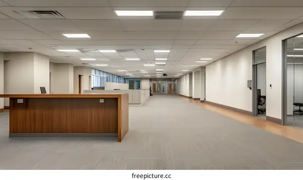 Empty Office Hallway with Modern Design and Natural Light
