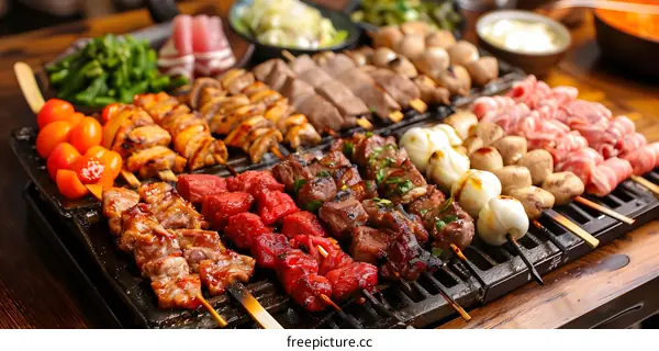 A variety of grilled meats and vegetables on a grill