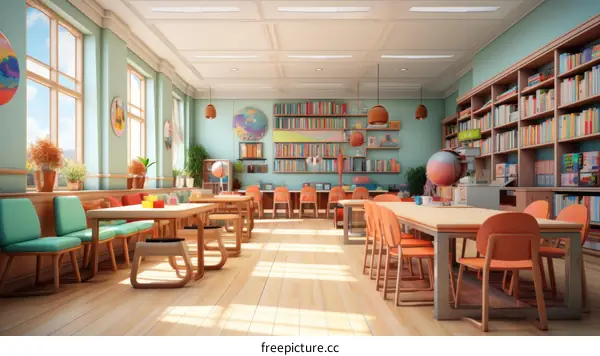 Classroom With Desks, Chairs And Bookshelves
