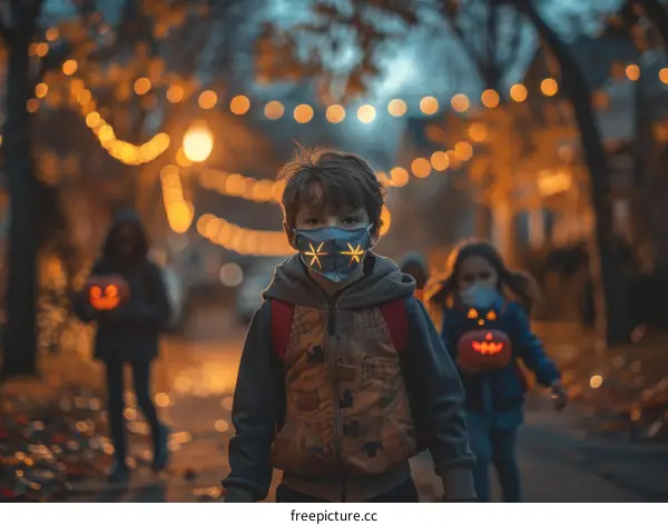 Three children wearing Halloween costumes and masks walking down a street at night