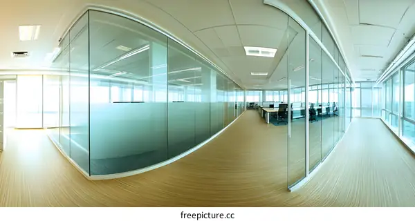 Modern Office Interior With Glass Walls And Wooden Floor