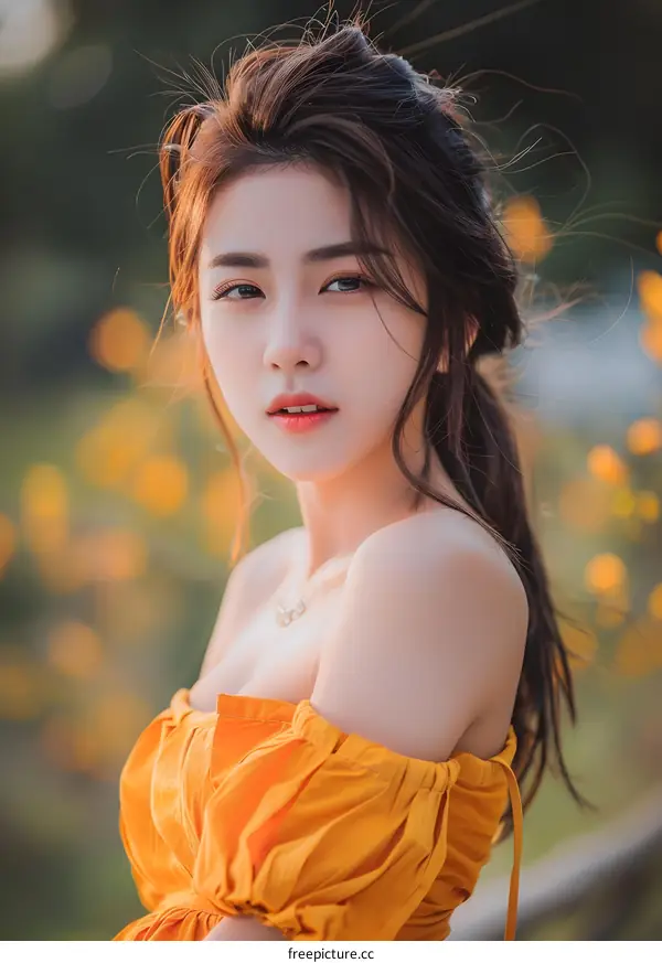 Beautiful Asian Woman with Long Hair Wearing a Yellow Dress