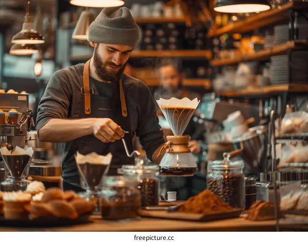 Bearded man making pour-over coffee in a coffee shop