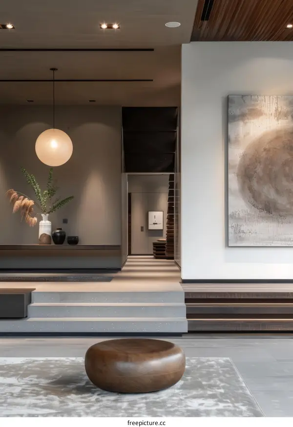 An Asian-inspired living room with a large painting