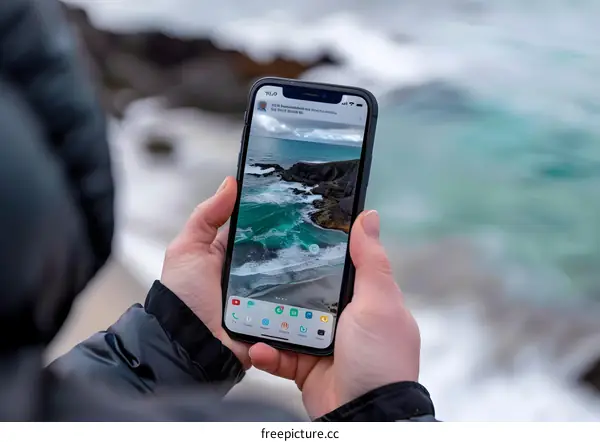Person Holding Smartphone with Ocean Landscape Image