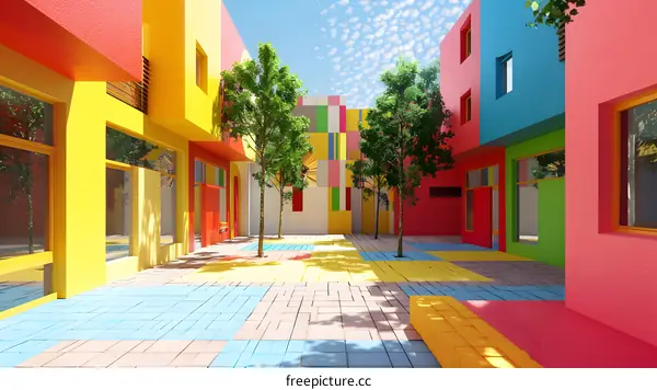 Colorful Building Courtyard With Trees