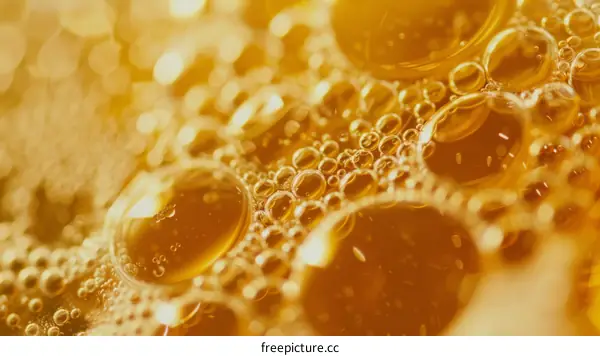 Close-up of bubbles in amber liquid