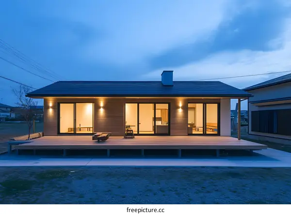 Modern Japanese House with Wooden Deck and Twilight Sky