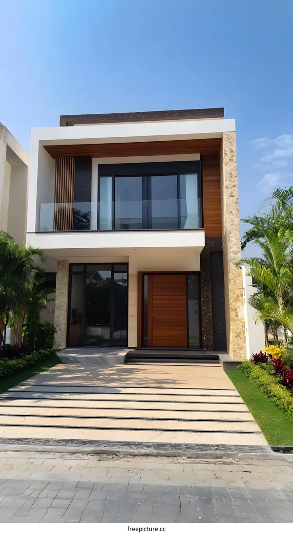 Modern Two Story House Exterior Design With Stone Walls And Wooden Accents