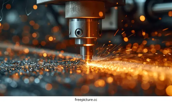 Industrial machinery processes metal with sparks flying
