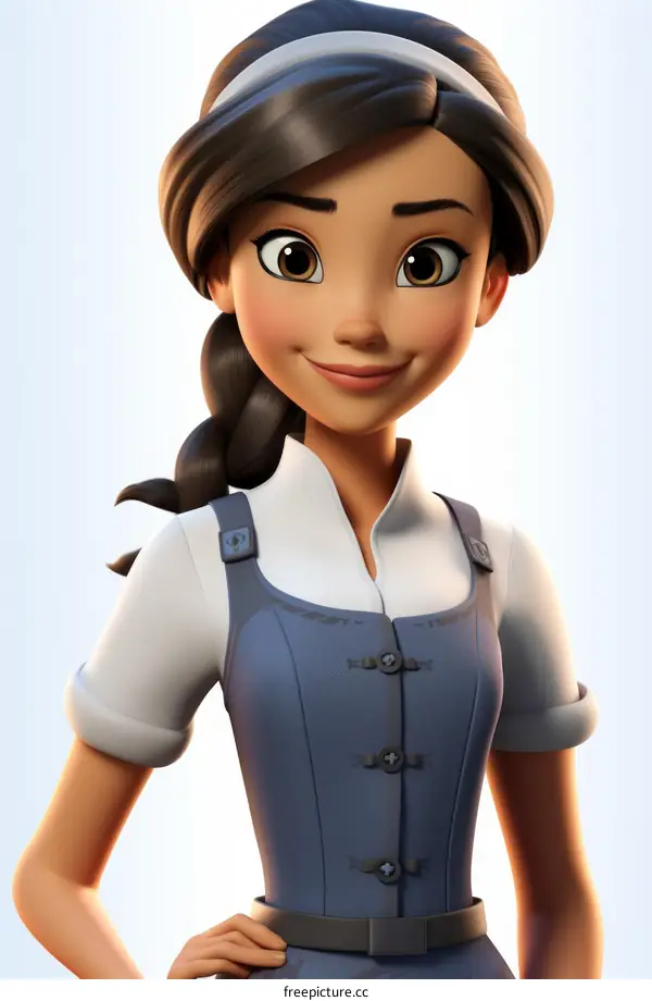 A beautiful 3D illustration of a young woman with brown hair and brown eyes wearing a blue vest and white blouse