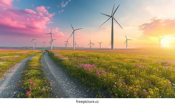 Wind turbines in a field of flowers at sunset