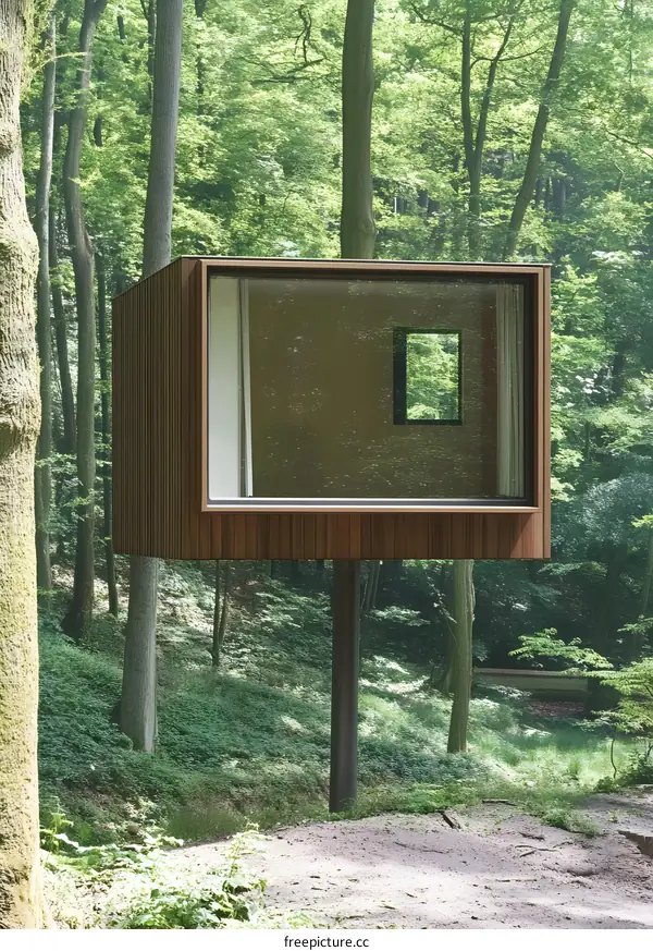 Modern Wooden Cabin in the Forest with a Large Window