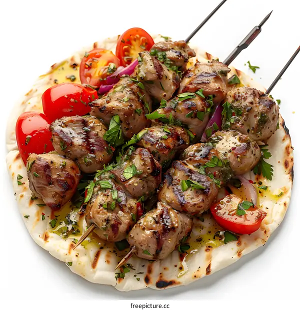 Grilled meat skewers on flatbread
