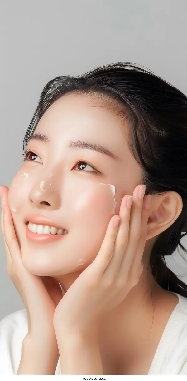 Beautiful Asian Woman Applying Facial Cream