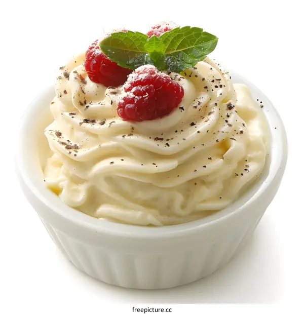 Delicious creamy dessert with raspberries