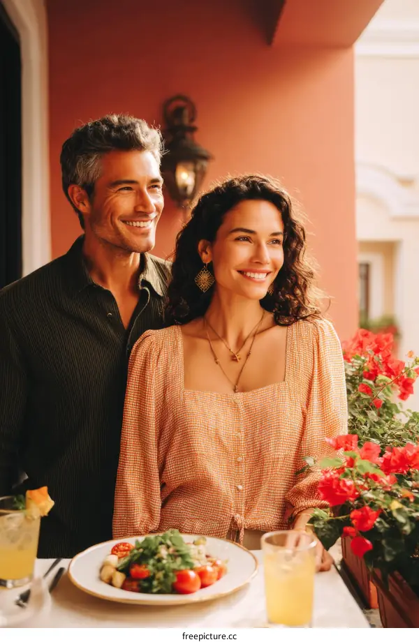 Couple enjoying a meal on a balcony overlooking the city