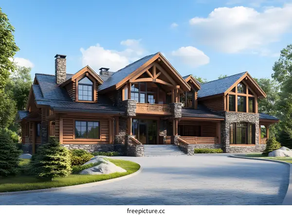 Modern Log Cabin Home Exterior Design with Stone Accents