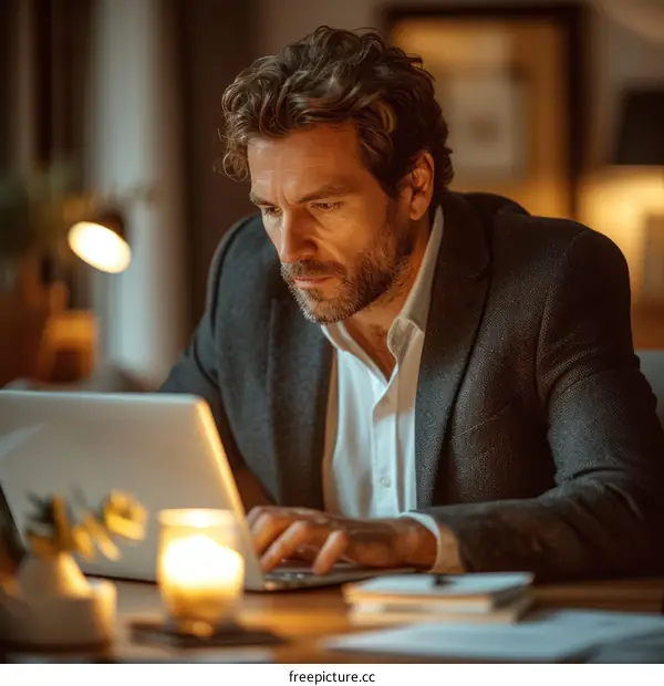 Businessman working late on laptop in home office