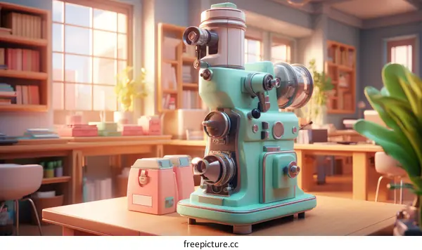 An illustration of a vintage green film projector in a home office