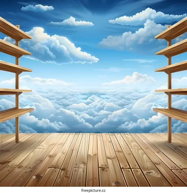 Wooden Shelves Over Clouds Sky View Illustration