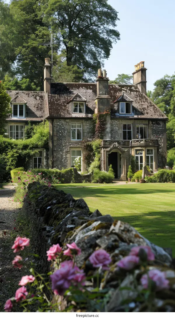 A beautiful stone house with a garden full of flowers