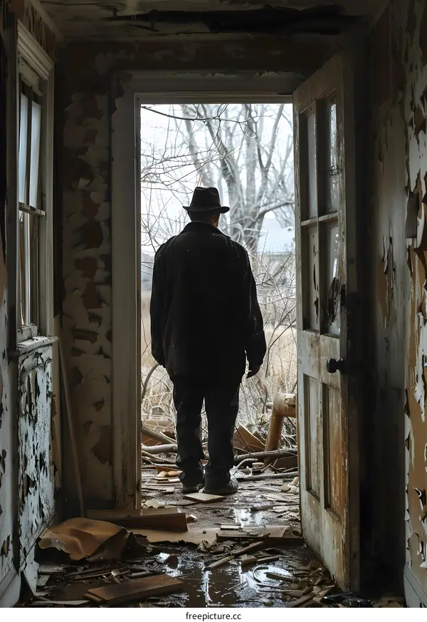A man standing in a doorway looking out at a field